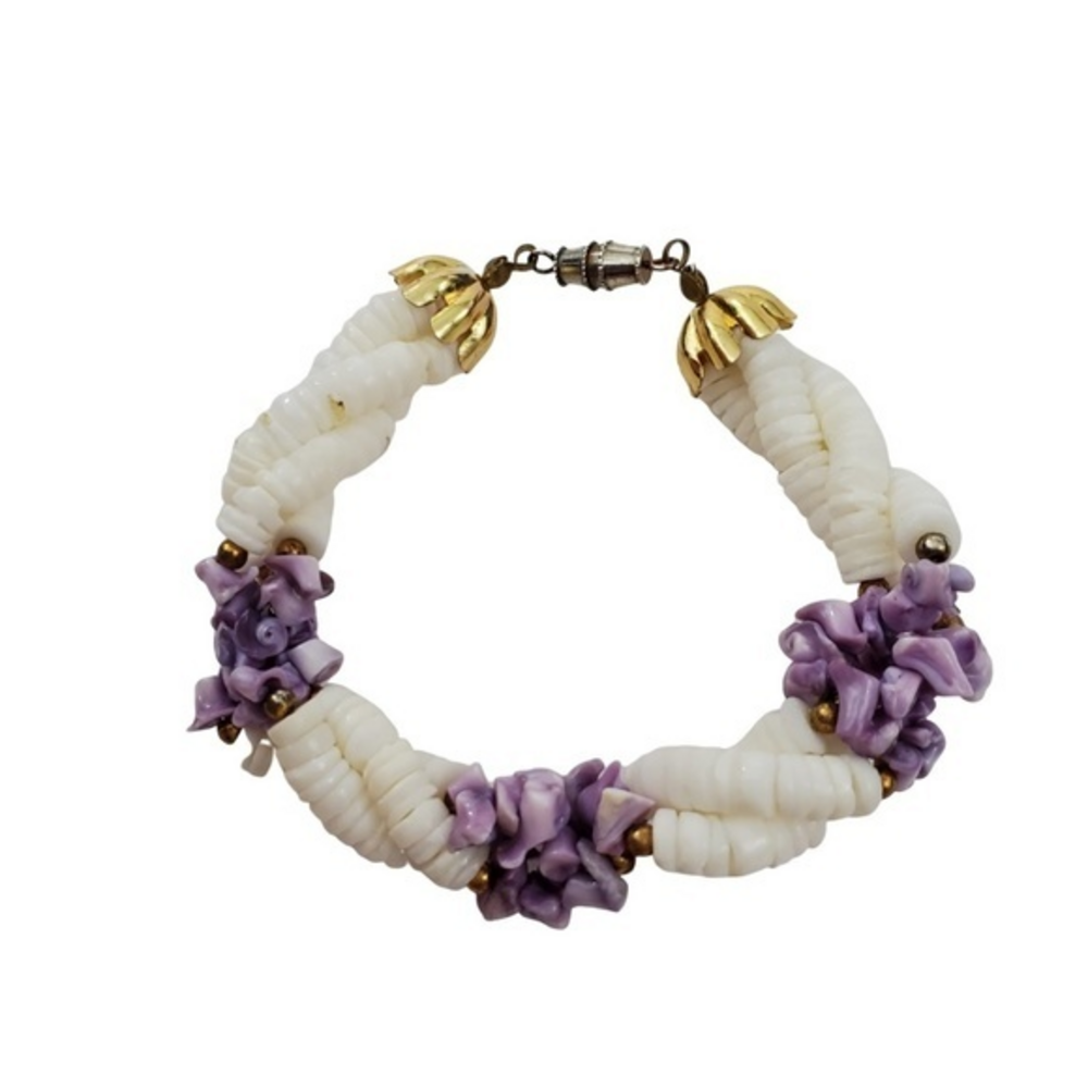 Shell Bracelet Beaded Purple White‎ Gold Tone Twist